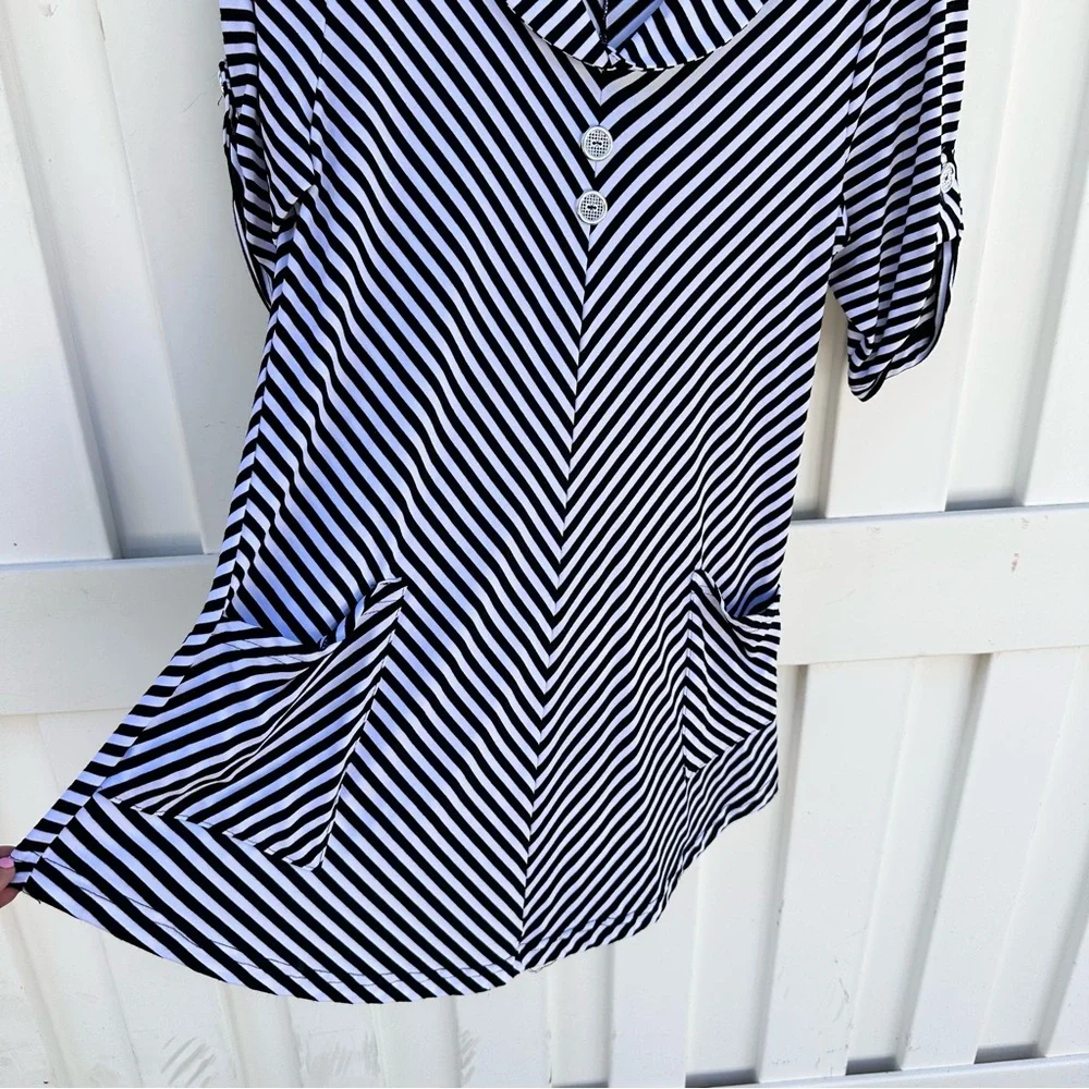 Antom Black Striped Chevron Tunic Blouse Shirt Top NWOT